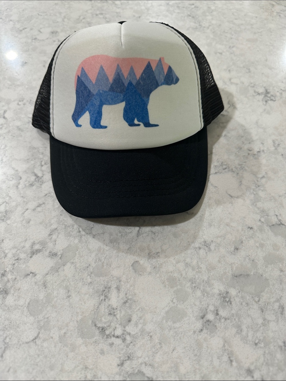 Kids Black Trucker Hat with Blue & Pink Bear Graphic
